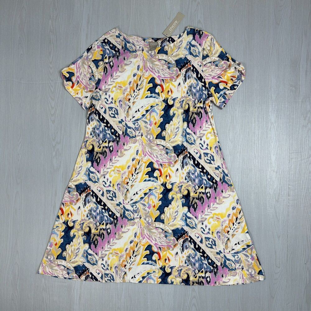 Chico's Womens Floral Praisley Multi Color Printed Short Sleeve Midi Dress Sz L